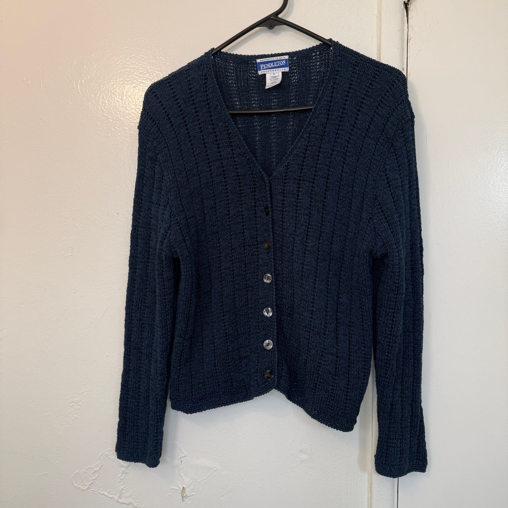Vintage Pendleton Blue Crochet Knit Cardigan Coastal Boho Sweater Size Large